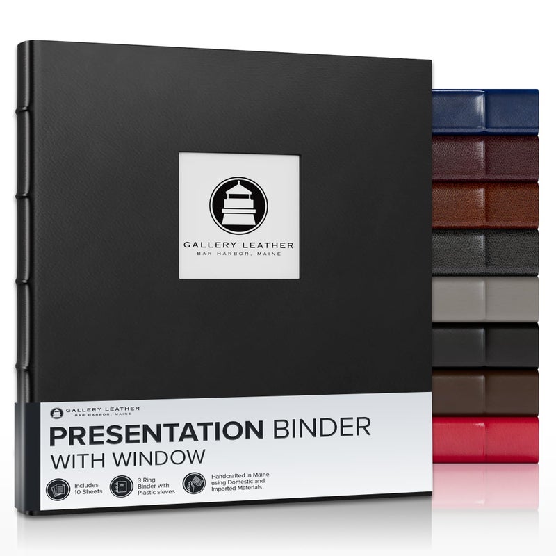Gallery Leather 3 Ring Binder with Plastic Sleeves, Includes 10 Sheets, Sheet Size: 8.5" x 11" - Presentation Binder Rings with Window and Hubbed Spine, Thick: 1.25" Freeport Black - Image 1